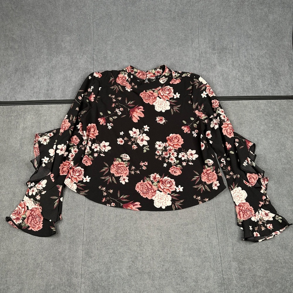 Y2k Windsor Floral Mock Neck Y2k Blouse Black Pink Ruffle Bell Sleeve Top Sz M